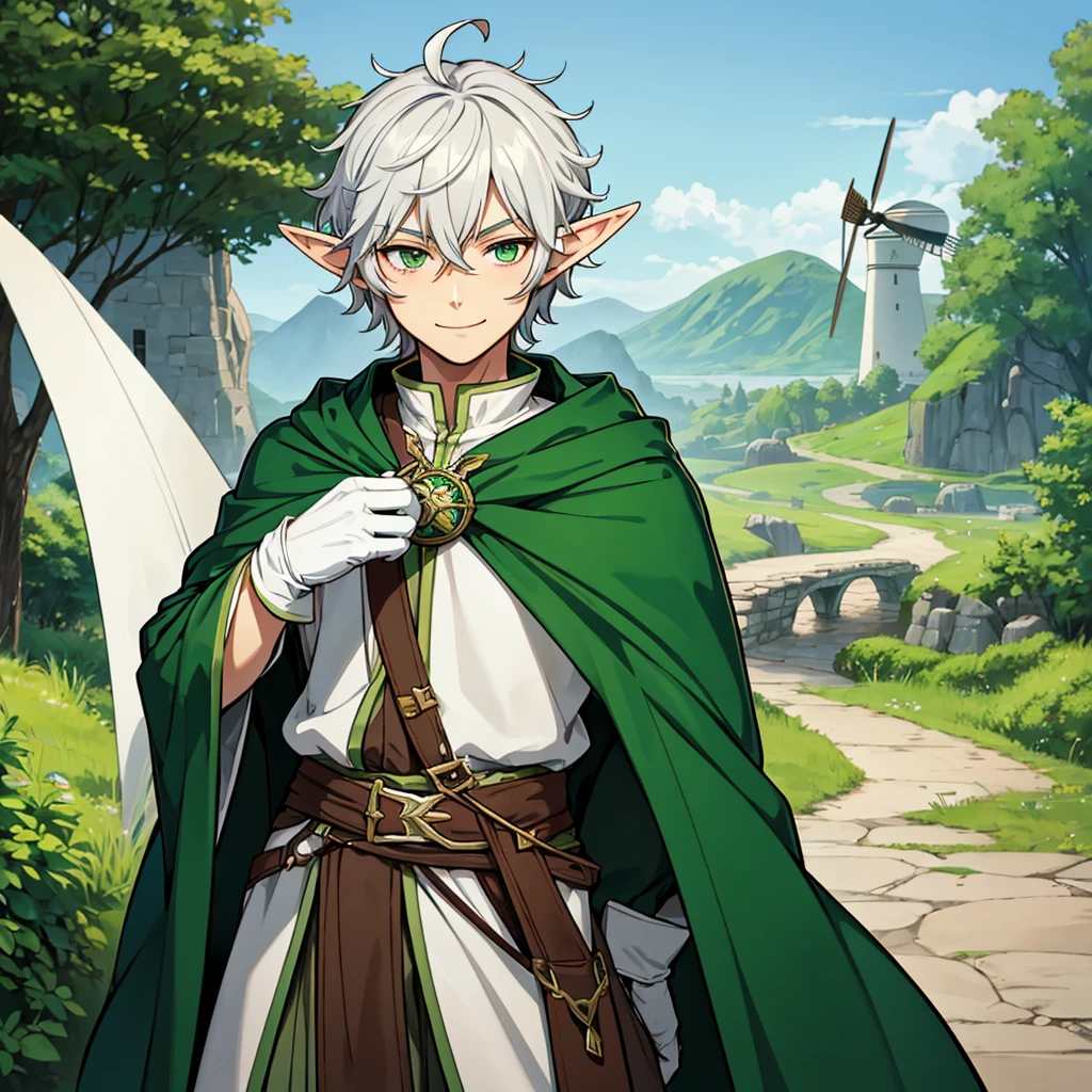 elf, male, silver hair,short hair, medium cut, ahoge, curly hair, green eyes, fair skin, green  wizard Celt robe, Robe with red lines, cloak, White gloves, cool mild Smile, windmill, Solo, icon, chibi, cute, fantasy, standing, wink