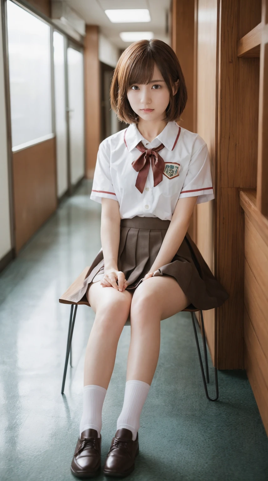 (masterpiece, Best Quality, Best Quality, Official Art, beautifully、aesthetic:1.2), (RAW Photos, Best Quality),(One girl), ,(Cute,Adorable),(Misaka Mikoto Cosplay:1.2)、Clear images、Best Quality、8k、Brown Hair、Asymmetrical Very Short Hair、hairpin、Tokiwadai Junior High School short sleeve uniform、School、Arms crossed、mini skirt,jacket, Loose socks、Sit together&#39;knees、Sitting with legs crossed、panties、(Mikoto rose.:1.2),Her skirt is rolling up,常盤台中Schoolの制服,