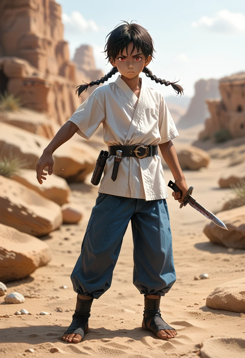 (Young Boy, negro, dark skin, hair braids, black hair, round face, red eyes, 1,83 tall, (expression would be)), full body, blades coming out of his arm, blades inside the body, standing, attack pose, blue pants, (black accessory belts, dagger on accessory belt), Desert in the background.