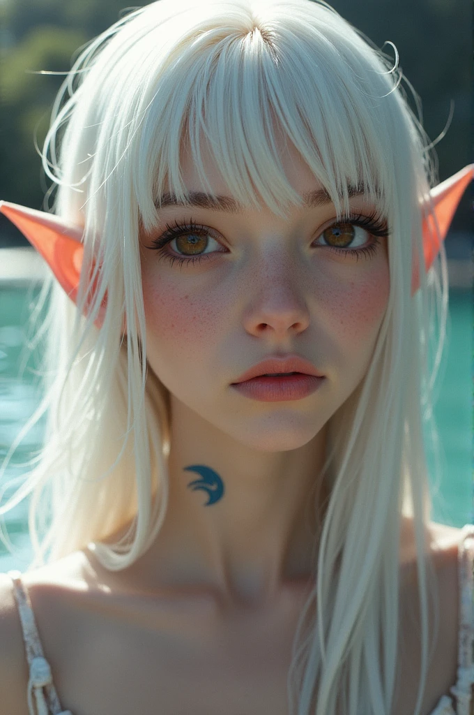 White straight hair, yellow eyes and body covered with natural pink scales, a sweet siren. Let it have pink horns.