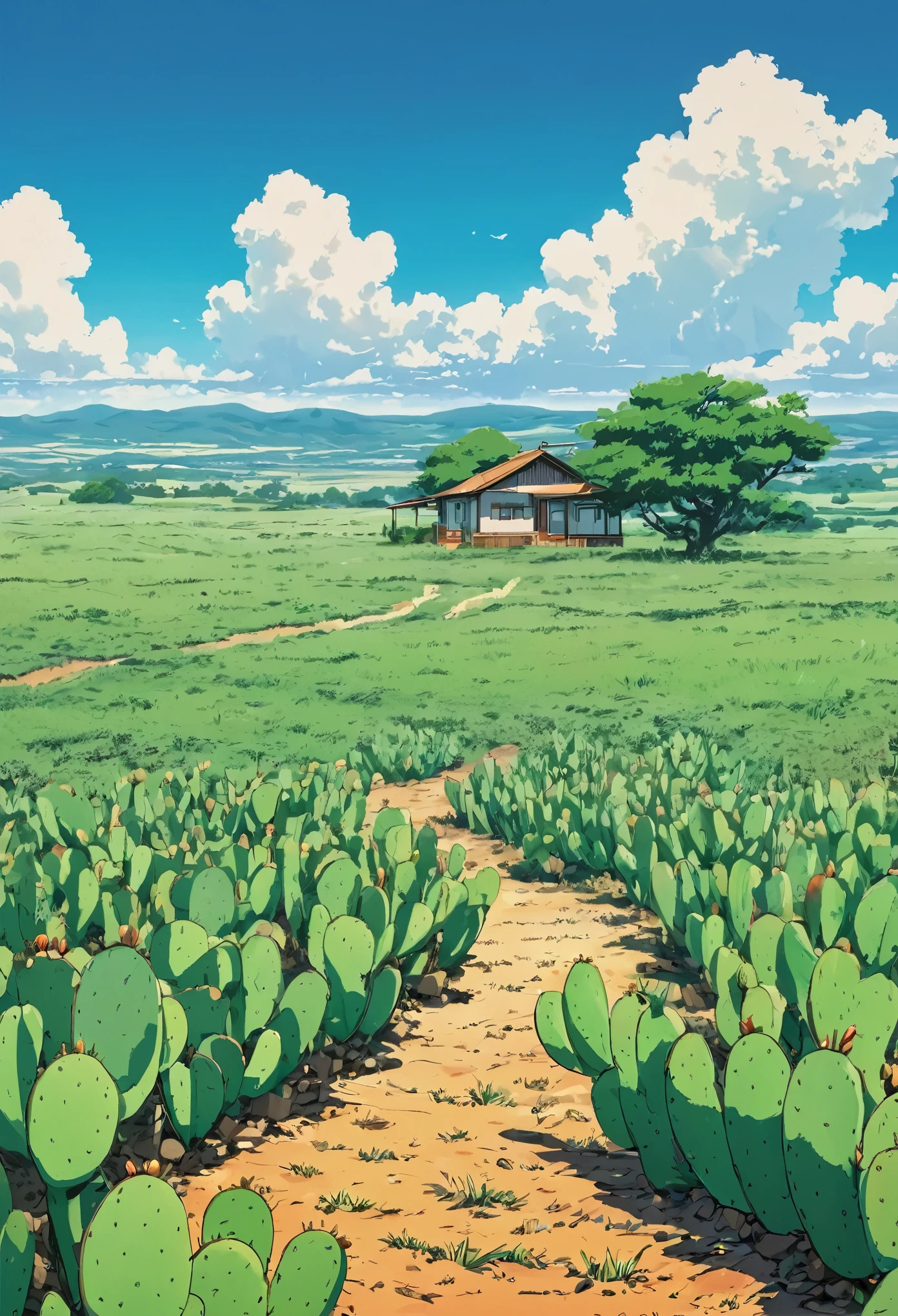 Draw a simple Tintin style art of a desert field with prickly pear cactus field house meadow sky!!!  clouds!! detailed in a field, anime nature, anime nature wallpap, animated background, beautiful animated landscape, beautiful anime scene, animated landscape, animated landscape, animated landscape wallpaper, Makoto Shinkai!, anime beautiful peace scene, anime countryside landscape, animated background art, Makoto Shinkai!!, anime movie background