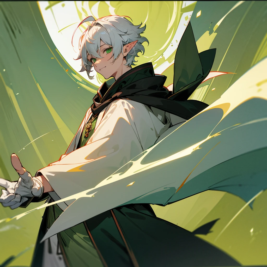 elf, male, silver hair,short hair, medium cut, ahoge, curly hair, green eyes, fair skin, green  wizard Celt robe, Robe with red lines, cloak, White gloves, cool mild Smile, windmill, Solo, icon, chibi, cute, fantasy, standing, wink