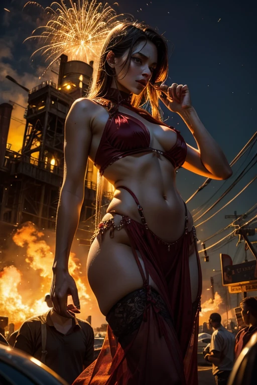 hot girl, czech girl, big breast, chainned nipples, war, between building, night view ultra hd, ultra detail, full body, collapse building, alien plane, body detail, ultra hd, blue eyes, leaves, fire, ak47