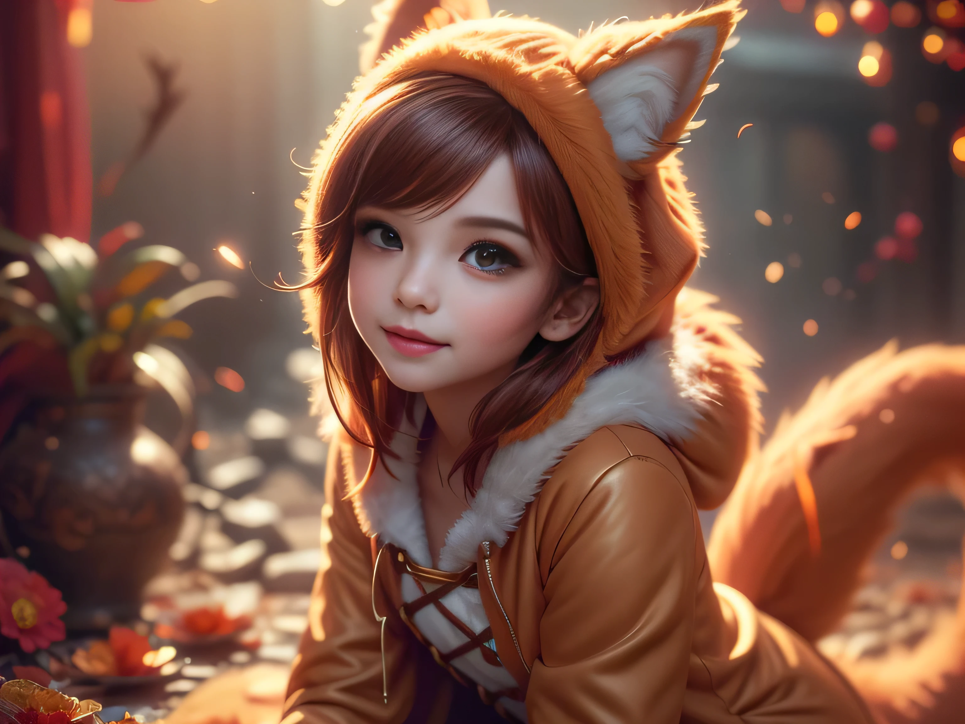 (Best Quality, Super Detailed, masterpiece, representative work, official art, professional, super high detail, 8k:1.3) Cute girl face, ginger hair, ((brown)) eyes, 1 girl, fox costume, hood, fox tail, furry, kneeling, girl dressed as furry, Vivid colors, Red hair, Innocent expressions, Playful features, Natural lighting, Soft background, Photorealistic, Shining eyes, Sharp focus, Glowing skin, Sweet and mischievous look, Hint of mischief, Dreamy atmosphere, Delicate details, soft volumetric light, (backlight:1.3), (cinematic:1.2), intricate details, (ArtStation:1.3)