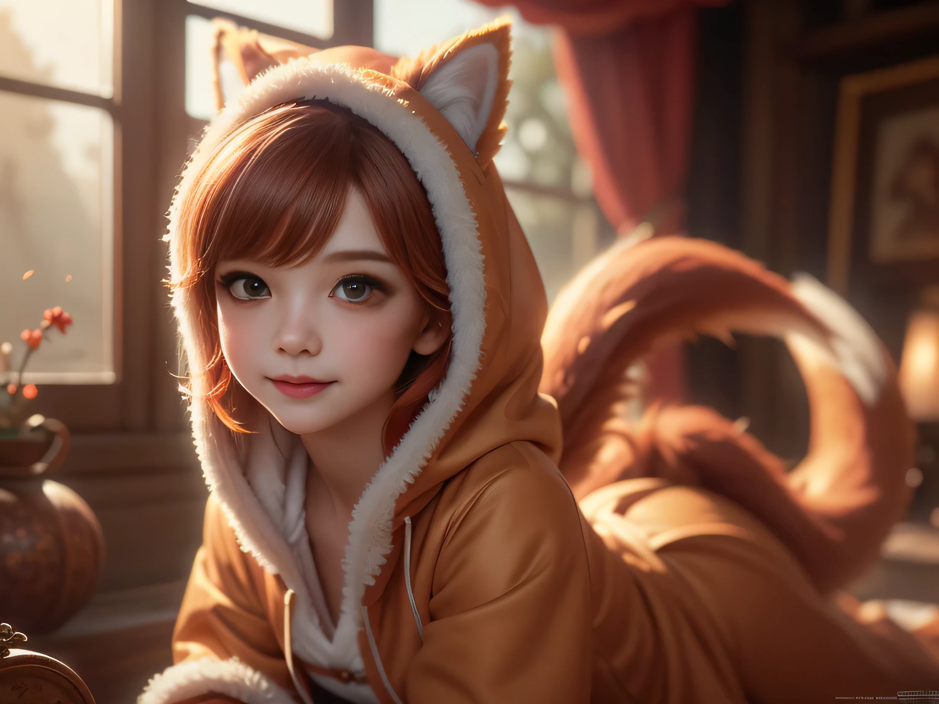 (Best Quality, Super Detailed, masterpiece, representative work, official art, professional, super high detail, 8k:1.3) Cute girl face, ginger hair, ((brown)) eyes, 1 girl, fox costume, hood, fox tail, furry, kneeling, girl dressed as furry, Vivid colors, Red hair, Innocent expressions, Playful features, Natural lighting, Soft background, Photorealistic, Shining eyes, Sharp focus, Glowing skin, Sweet and mischievous look, Hint of mischief, Dreamy atmosphere, Delicate details, soft volumetric light, (backlight:1.3), (cinematic:1.2), intricate details, (ArtStation:1.3)