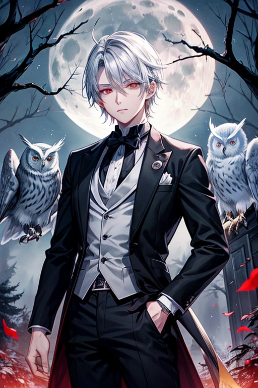 Anime style poster anime, Young Man silver hair Red eyes front, divide in two, his soul scape from his body, he os in a dark Forest with one grave in his side, moon, owl, nebline, full moon