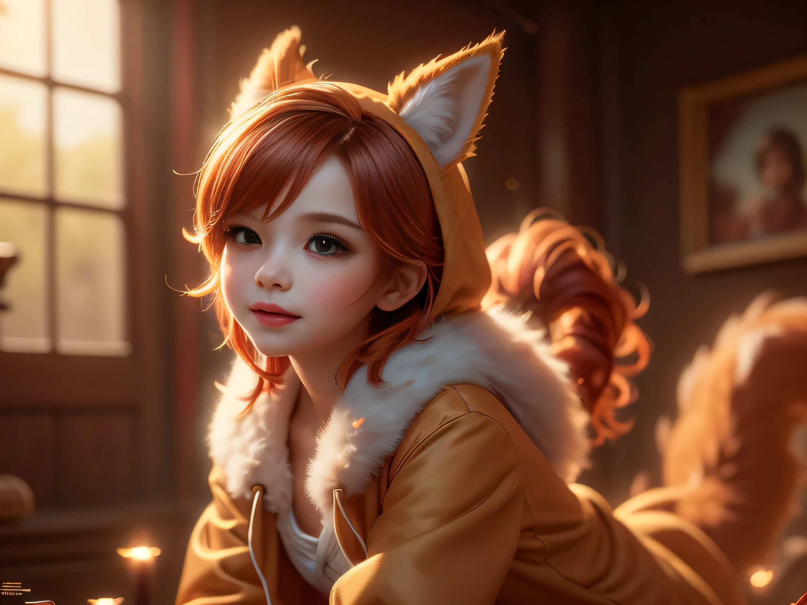 (Best Quality, Super Detailed, masterpiece, representative work, official art, professional, super high detail, 8k:1.3) Cute girl face, ginger hair, ((brown)) eyes, 1 girl, fox costume, hood, fox tail, furry, kneeling, girl dressed as furry, Vivid colors, Red hair, Innocent expressions, Playful features, Natural lighting, Soft background, Photorealistic, Shining eyes, Sharp focus, Glowing skin, Sweet and mischievous look, Hint of mischief, Dreamy atmosphere, Delicate details, soft volumetric light, (backlight:1.3), (cinematic:1.2), intricate details, (ArtStation:1.3)