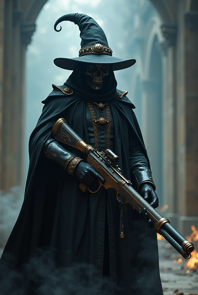 grim reaper, holding the syth, open long black hooded cloak, ((steampunk style)), best quality, 4k, super detailed