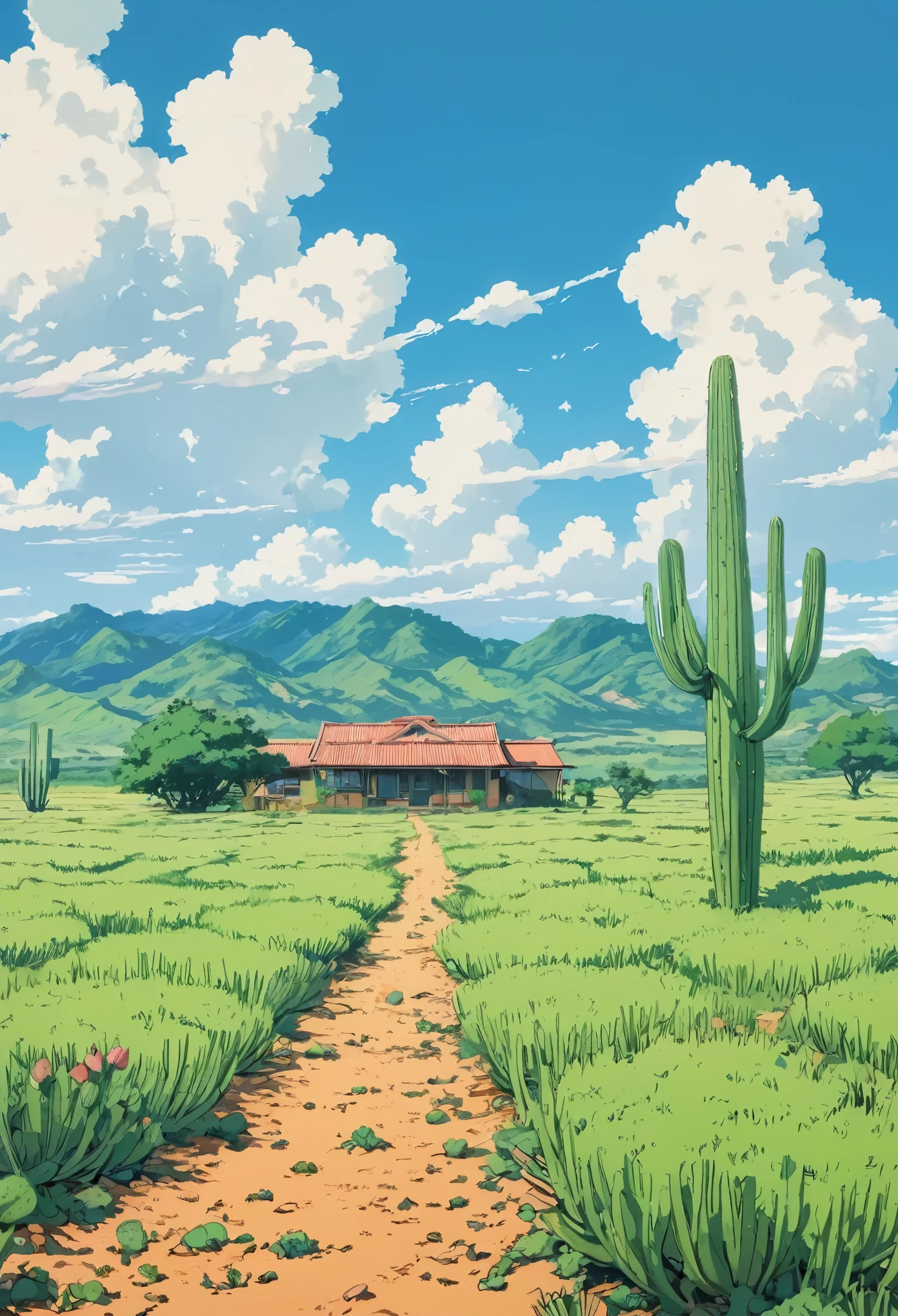 Draw a simple Tintin style art of a desert field with prickly pear cactus field house meadow sky!!!  clouds!! detailed in a field, anime nature, anime nature wallpap, animated background, beautiful animated landscape, beautiful anime scene, animated landscape, animated landscape, animated landscape wallpaper, Makoto Shinkai!, anime beautiful peace scene, anime countryside landscape, animated background art, Makoto Shinkai!!, anime movie background