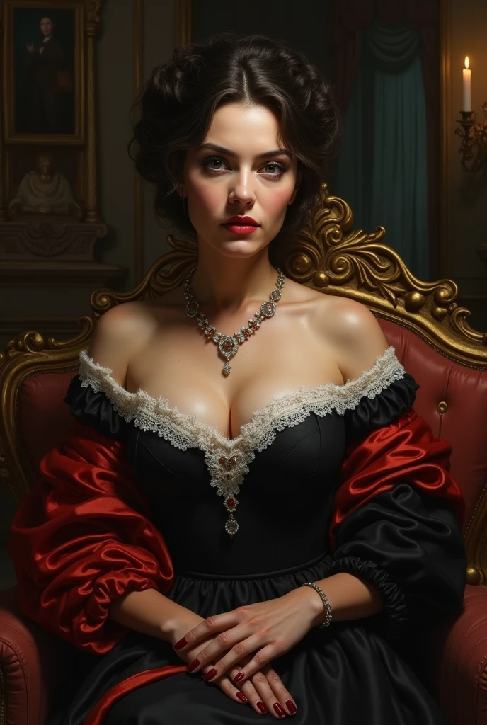 A dark and atmospheric oil painting featuring a stunning Victorian-era woman. She wears an elaborate, high-necked gown adorned with lace and intricate embroidery. Her expression is mysterious, with beautiful eyes that hint at hidden secrets. The setting is a dimly lit, gothic interior, with heavy velvet drapes, a grand fireplace, and an ornate, antique mirror reflecting the flickering light of a candelabrum. Shadows loom in the corners, and the air seems thick with an otherworldly presence, giving the scene an occult and eerie feel. ((Revelating Big boobs)), sexy, detailed face