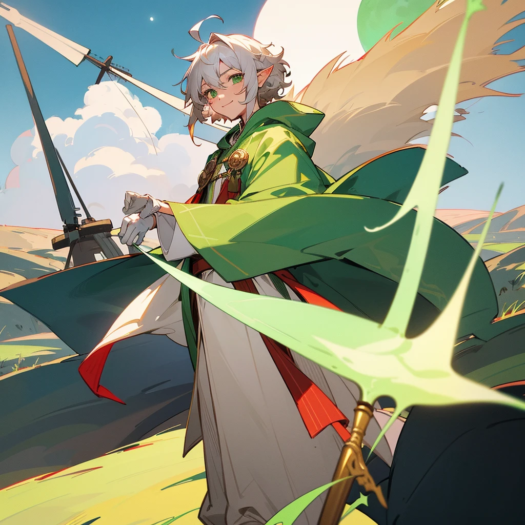 elf, male, silver hair,short hair, medium cut, ahoge, curly hair, green eyes, fair skin, green  wizard Celt robe, Robe with red lines, White seek cloak, brown pants, pants Comes with moon accessories, White gloves, cool mild Smile, windmill, Solo, icon, chibi, cute, fantasy, standing, wink