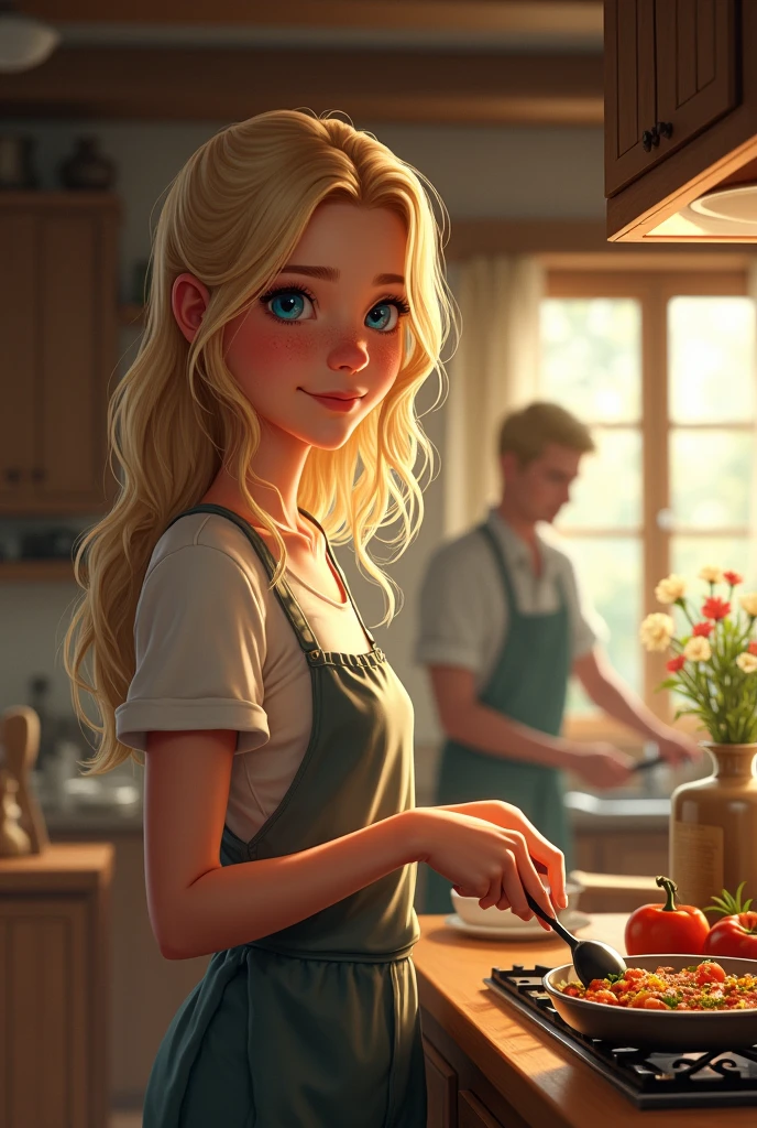 Kizi, age 25, blonde, hair in ponytail, profile view. Preparing food on the granite countertop next to the sink. It is facing the window, that lights up the kitchen. Flowing voile curtain. on the wall, spice racks, hanging utensils etc.. Looks happy.