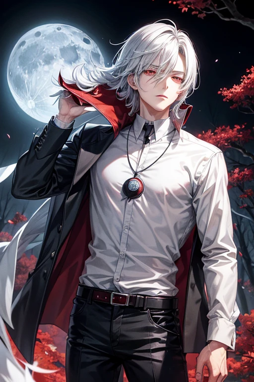 Anime style poster anime, Young Man silver hair Red eyes front, divide in two, his soul scape from his body, he stay in a dark Forest with one grave in his side, moon, owl, nebline, full moon