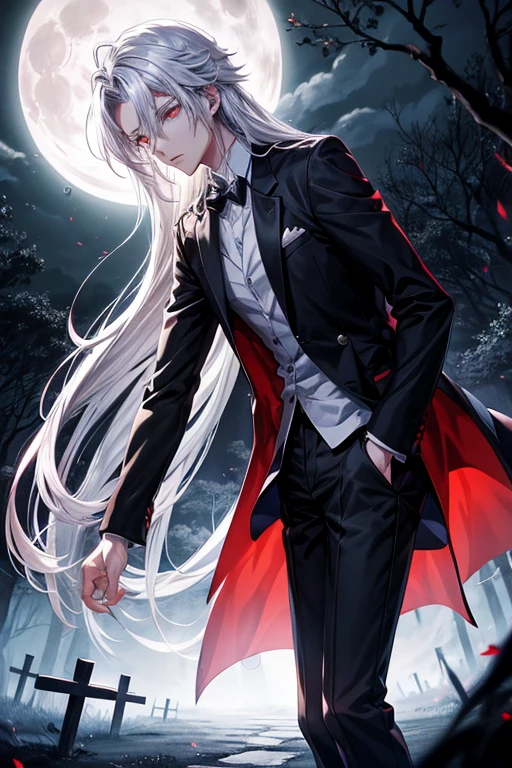 Anime style poster anime, Young Man silver hair Red eyes front, divide in two, his soul scape from his body, he stay in a dark Forest with one grave in his side, moon, owl, nebline, full moon