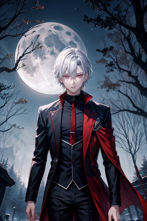 Anime style poster anime, Young Man silver hair Red eyes front, divide in two, his soul scape from his body, he stay in a dark Forest with one grave in his side, moon, owl, nebline, full moon