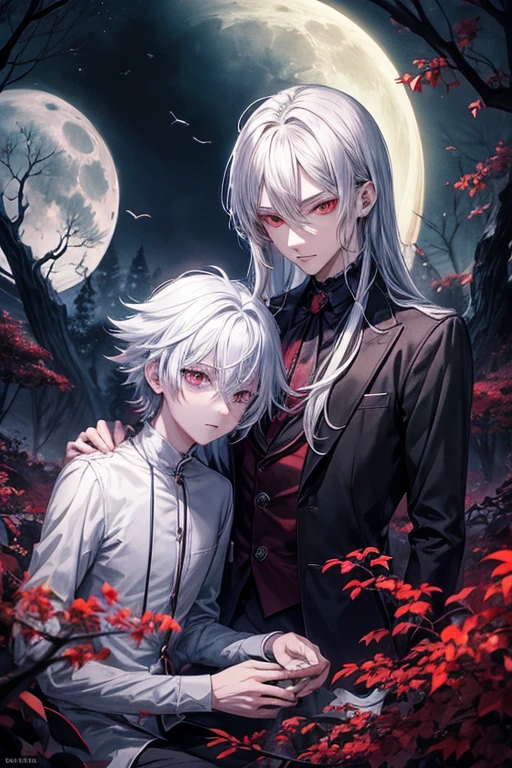 Anime style poster anime, Young Man silver hair Red eyes front, divide in two, his soul scape from his body, he stay in a dark Forest with one grave in his side, moon, owl, nebline, full moon