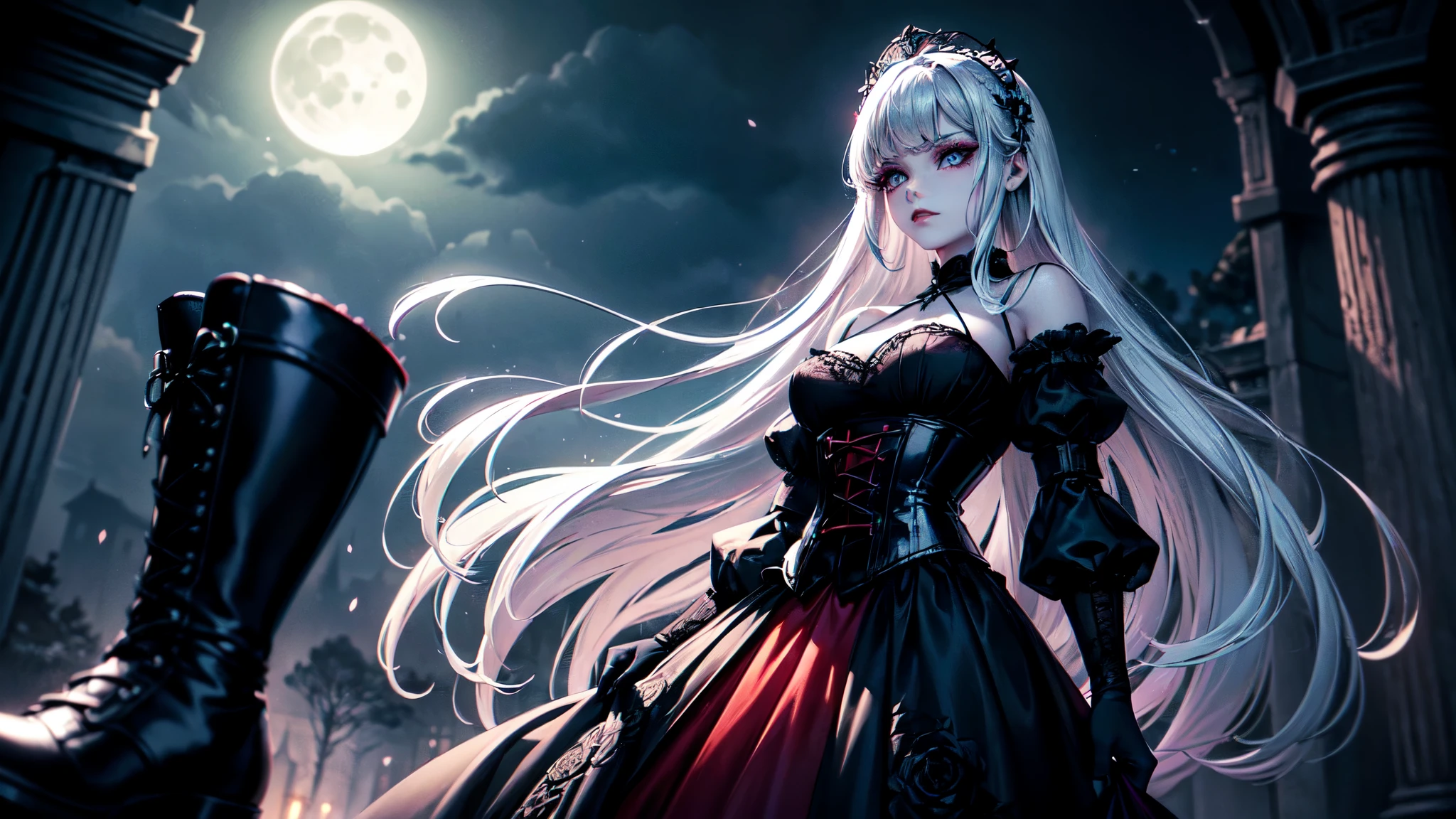"(Better quality,ultra detailed,photorealistic:1.37),A girl with (ojos hermosos and detallados:1.1:1.1), (long eyelashes:1.1),(blue eandes) and (snow-white skin), (gotic danded Hair:1.1) (ruby red) (wavand and purple-tinged) (Hair) wearing gothic costume. he girl is standing in a (Dark and mandsterious:0.9) garden, Surrounded (twisted and overgrown) (black rose bushes), with (Moonlight) proandectando un brillo espeluznante. he girl's outfit withsists of a (black lace) (corset), (voluminous) (black tulle) (skirt), and (high heel boots). They are (Dark eyeliner:1.1:1.1) and (blood red lipstick) add to it (intense and mandsterious) look. he garden is filled with (niebla They aretil) and (ethereal shadows), creating a (Disturbing atmosphere). he (moonlit sky) above is (starry) and (Dark), with a (full moon) shining. he overall color palette of the scene is (dominated by darkness, cool tones), with hints of (deep purples) and (rich blues). he lighting is (dramatic and moodand), with (soft Moonlight) casting shadows on the girl's face and outfit, emphasizing the (withtrast between light and Dark)."
Notice:The above is a longer version of the message.,If you want to simplify you can omit some details or add details.。