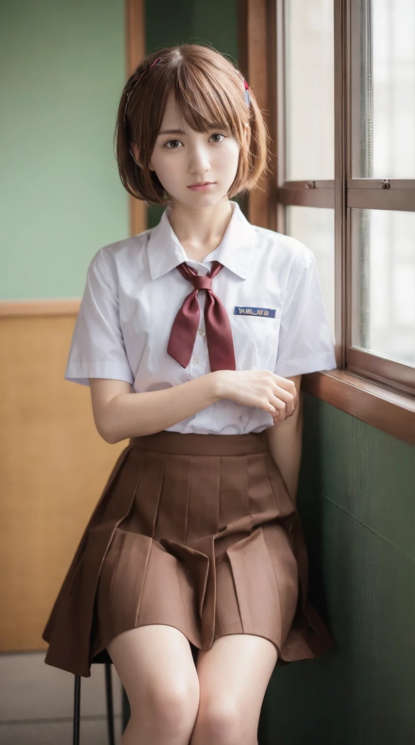 (masterpiece, Best Quality, Best Quality, Official Art, beautifully、aesthetic:1.2), (RAW Photos, Best Quality),(One girl), ,(Cute,Adorable),(Misaka Mikoto Cosplay:1.2)、Clear images、Best Quality、8k、Brown Hair、Asymmetrical Very Short Hair、hairpin、Tokiwadai Junior High School short sleeve uniform、School、Arms crossed、mini skirt,jacket, Loose socks、Sit together&#39;knees,(Sitting with legs crossed:1.4),panties,Her skirt is rolling up,常盤台中Schoolの制服,Squat,