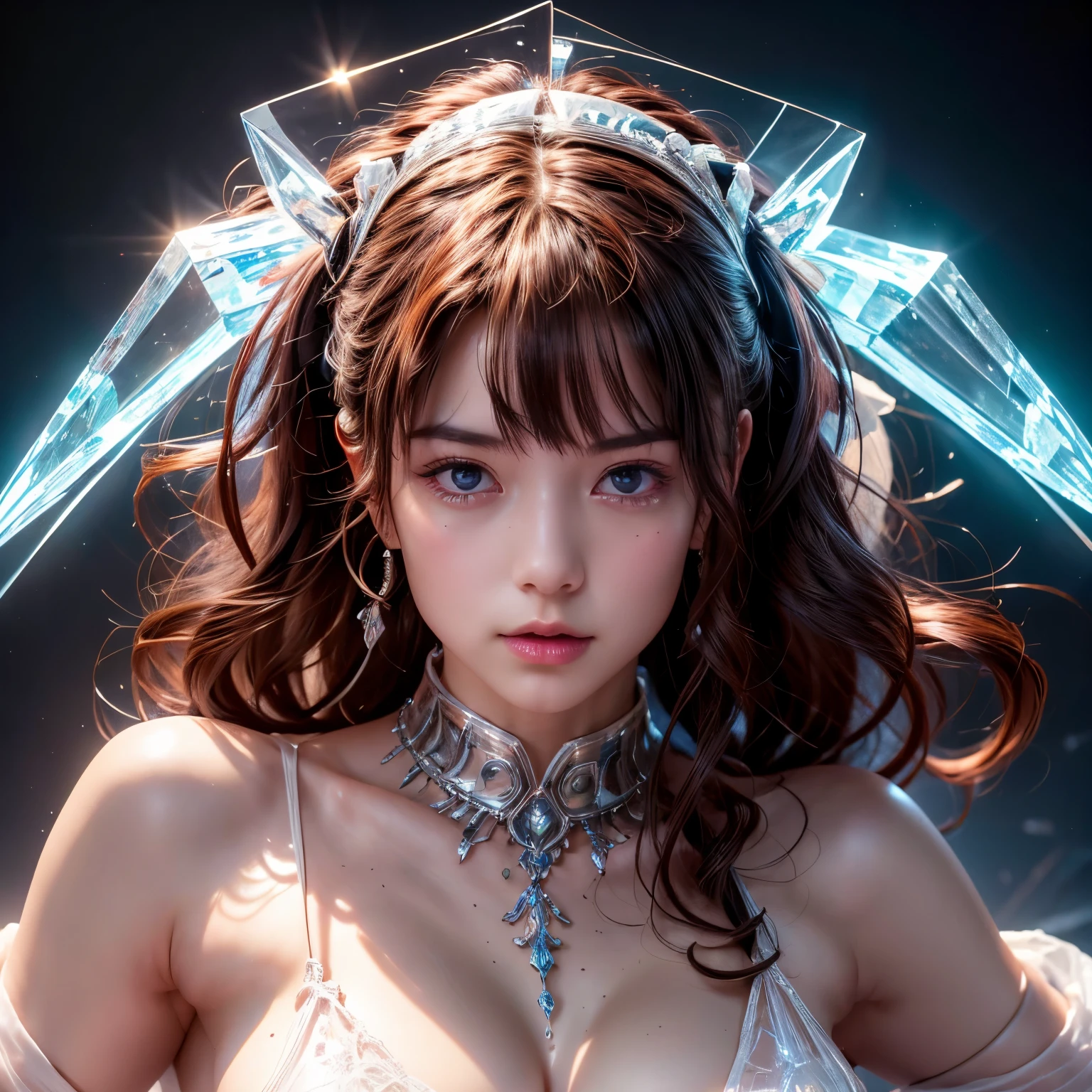 Crystal Cover、The upper part of the body、alternate color、masterpiece、detailed illustration、realisitic、pixiv top quality、Exquisitely、{{{pretty 1girl}}}、Super beautiful woman who merges with machines、Elaborate shabby chic pattern、Glitter Beauty、 Half of my body is made of machines、Transparent glass body、 The machine of the main body is transparent and、、、、lighting like a movie、dynamic ungle、dynamicposes、Crystal World、 depth of fields