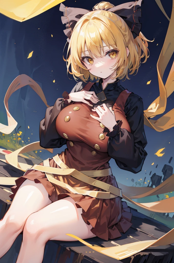 (masterpiece),best quality, expressive eyes, perfect face, 1girl,
big breast, H-cup, good breast, beautiful, gorgeous,anime,girl,lora, floating clothes,w sitting, w sitting on ground, legs on ground, short hair, yellow eyes, leaf hair ornament,red shirt,skirt,long sleeves,curtain chest ,hands on hips, hands on waist,kurodani yamame,
hair bow,
yellow eyes,
brown dress,
long sleeves,
silk,
spider web,