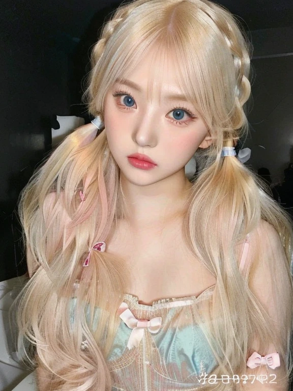 blond haired girl with long hair and a pink bow and blue like eyes, pink twintail hair and cyan eyes, belle delphine, blond hair with pigtails, white hime cut hairstyle, anime barbie doll, pale milky white porcelain skin, long blonde hair and big eyes, ultrarealistic sweet bunny girl, pigtails hairstyle, kawaii realistic portrait, with white long hair , cute natural anime face, kawaii realistic portrait, Físico : el abdomen más pequeño jamás visto, jisoo from blackpink, popular south korean makeup, quality detailed ,(beautiful makeup :1.2), tits, big, big ass,