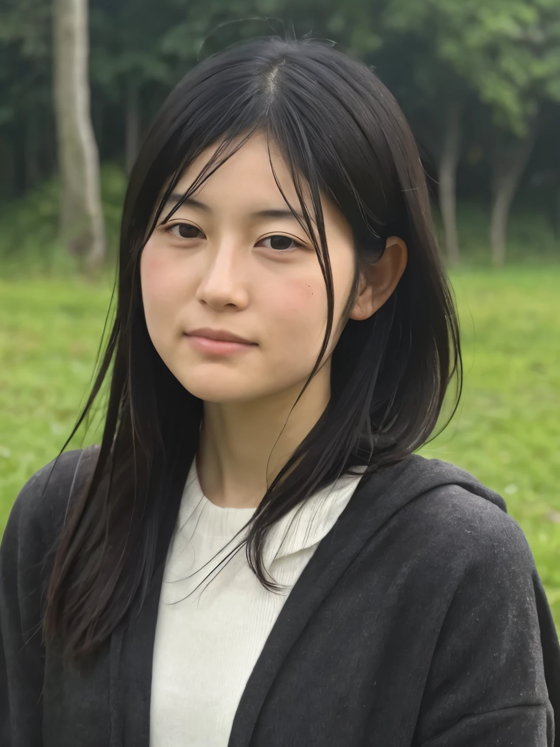 Create a high-quality, hyper-realistic illustration of a young Japanese woman with long, straight black hair. The woman should have an air of quiet melancholy, with a shadow of sadness or introspection on her face, hinting at deep, complex emotions. She represents a university friend, someone with whom there is a deep mutual affection. Her dark, expressive eyes should convey a sense of both love and emotional conflict. The overall tone of the image should be intimate and reflective, capturing the essence of a meaningful relationship filled with unspoken emotions. The background should be softly blurred, perhaps suggesting an outdoor or university campus setting in the distance, allowing the focus to remain on her contemplative expression and her flowing black hair. Use soft, natural lighting to enhance the mood, creating an atmosphere of nostalgia and quiet affection.