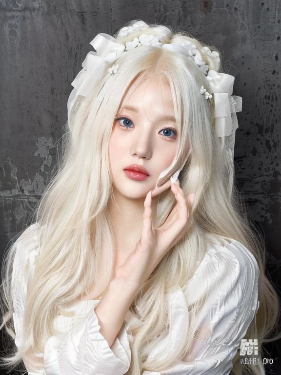 a close up of a woman with long white hair wearing a white dress and blue like eyes, long white hair and bangs, with white long hair, with long white hair, white hime cut hairstyle, pale porcelain white skin, porcelain white skin, white cloud hair, girl with white hair, pale milky white porcelain skin, white beautiful hair, detailed white long hair, long wavy white hair , cute natural anime face, kawaii realistic portrait, Físico : el abdomen más pequeño jamás visto, jisoo from blackpink, popular south korean makeup, quality detailed ,(beautiful makeup :1.2),, big, big ass,