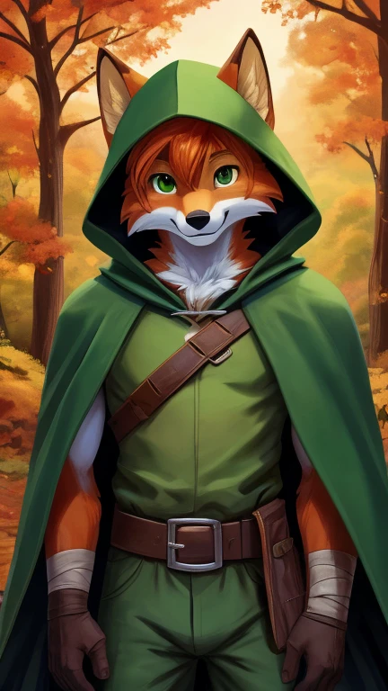 (1boy, solo, fox), highly insanely detailed, masterpiece, top quality, best quality, highres, 4k, 8k, RAW photo),((innocent look)),((Childish)),From the front, symmetrical composition,smile,cute,Innocent,Kind eyes,Flat chest,digital art Style, forest, autumn, (robin hood \(fate\)),front view, bandaged arm, bandaged leg, bandages, cape, cloak, collared cape, floating cape, gloves, green cape, green eyes, green pants, green theme, orange hair, hair over one eye, hood, hood down, hooded cape, hooded cloak, looking at viewer, male focus, orange hair, pants,, plantred cloak, short hair,