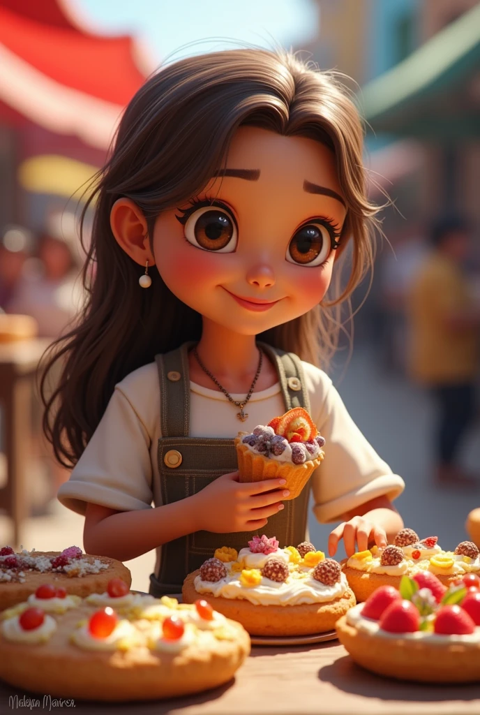 A brunette girl with braided hair eating pink donuts with beads , She's wearing a yellow flowery dress