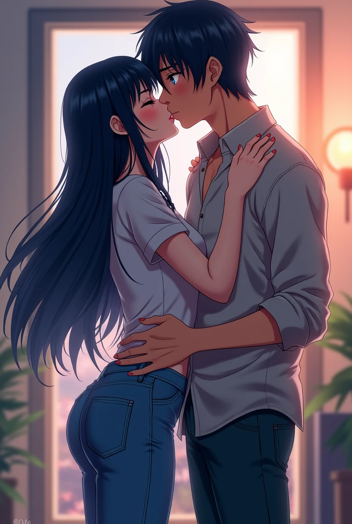 Concept Art,Love theme,illustration,1boy,1girls,kiss,Hetero,brunette hair,Closed eyes,topless male,Blush,Black Hair,pajama,blue trousers,long-haired,Seated,clavicle,trousers,couple,indoors,medium hair,cloudy,shirt,Put your hand on another person&#39;s shoulder.,long sleeve,Put your hand on another person&#39;s chest.,Short Hair Hair,