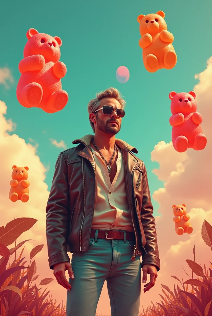 The character has a playful and confident expression, with his head tilted slightly back and his mouth open. He is biting on the end of a long, patterned scarf, pulling it taut. His eyes are hidden behind large, reflective sunglasses with orange lenses that have a pixelated pattern. The glasses catch the light, creating a bright, star-like sparkle on the right lens, adding a touch of glamour. His hair is short, tousled, and blonde, with individual strands detailed to show texture and movement. The hair is styled casually, enhancing his laid-back yet trendy look. He wears a small hoop earring in his left ear, adding to his fashionable appearance. The character is dressed in a pink sweater with bold, vertical stripes in a slightly darker pink. The sweater is oversized, with visible folds and creases that add a sense of depth and realism. Under the sweater, he wears a white collared shirt, the collar neatly folded over the sweater’s neckline. The collar’s edges are sharp and crisp, contrasting with the softness of the sweater. He sports a chunky gold necklace with a large, intricate pendant shaped like a woven knot or medallion. The pendant catches the light, emitting a bright gleam similar to the one on his sunglasses. The scarf he is biting on is light yellow with dark speckles and abstract patterns, adding a touch of whimsy and texture to his outfit. The scarf is also wrapped around his left hand, covering his knuckles and part of his wrist, giving the impression of both style and utility. He wears multiple gold rings on his fingers, which catch the light and add to his overall flashy, flamboyant style. The background is a solid, vibrant yellow, which complements the pink tones of the character’s outfit and makes the overall image pop. The simplicity of the background ensures that the focus remains entirely on the character
