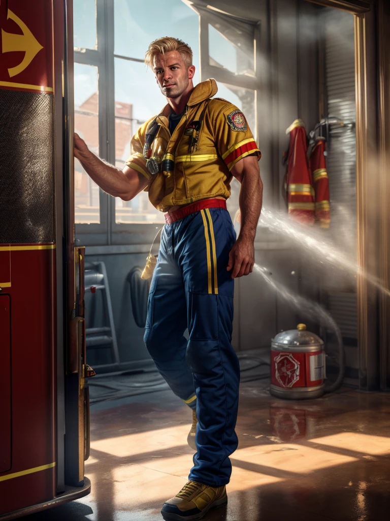 Close up of a male firefighter taking off his clothes at a fire station, seductive facial expression, blond hair, very hairy body, sweat on body, firefighter uniform, firefighter gear, pants down, dynamic pose, staring at viewer, natural light, natural shadows, reflections, 4K, HDR, high detail, ray tracing, reflections,