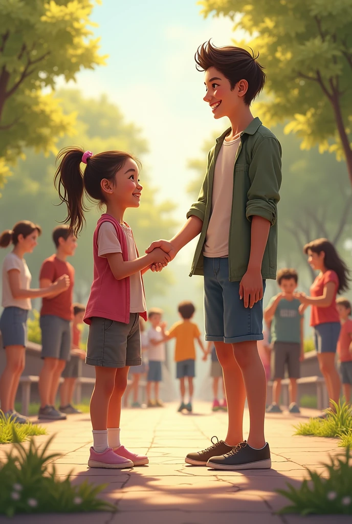 a 23 year old boy, tall with very white skin, and dark brown wavy hair dressed in a white sweatshirt and black pants, White deppttive shoes and a black backpack the boy is looking at a couple, This couple is a boy and a girl of 22 years old