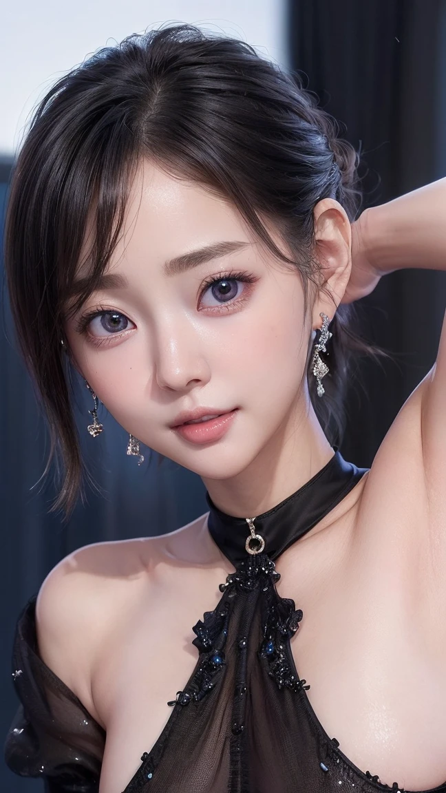 (4K quality:1.3),(Best Quality:1.5),(Whitening:1.4),(Beautiful Skin:1.4),(10th Generation:1.5),(Baby Face:1.5),(The ultimate beauty:1.5),(Arisa Hanyu:1.4),rich,Upper Body,smile,(tits:1.5),(A black bejeweled dress with a plunging neckline:1.3),(The fabric area is very small:1.4),(jewelry),(Super Celebrity),(Supermodel),(Tight waist:1.4),(Night viewの良いホテル:1.1),(luxury:1.2),(Arisa Hanyu:1.5),(Anorexia:1.4),(Night view:1.3),(Face close-up:1.2),Catchlight,(Child&#39;s face),(smile:1.1),(Half Up Hair:1.3),(Bright Blue Eyes),(2D cuteness:1.5),(Cute Makeup),Beautiful fingertips,(Transparent white skin),(albino),(Light hits the subject:1.3),Best Shot