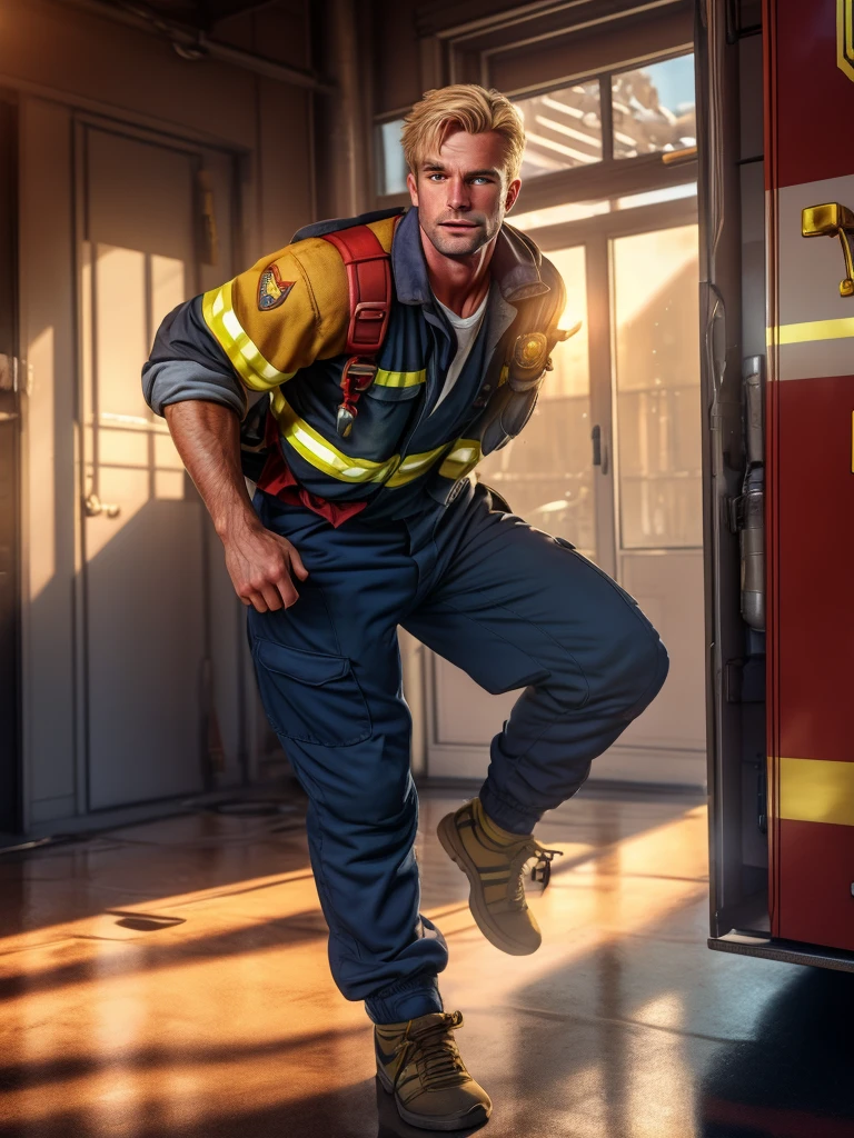 A Dramatic thor as firefighter wearing firefighter uniform, jacket and helmet, pulled a big water hose, helping people take care of fire in the building, cinematic, extreem realistic, extreem detailed, extreem Sharp, full body shot