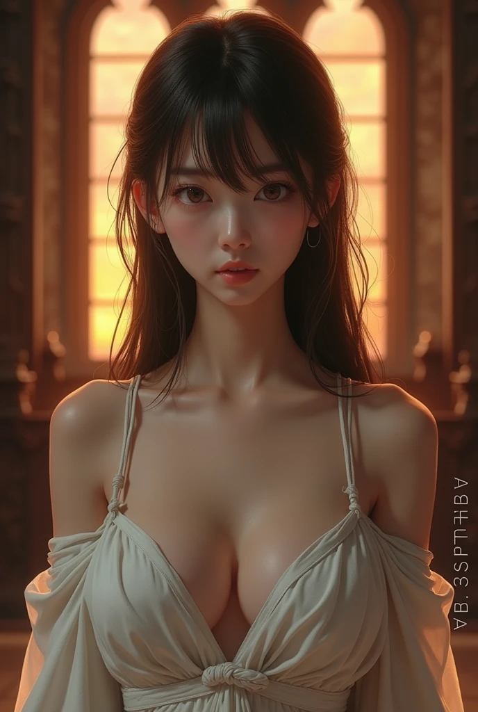 Realistic、(masterpiece、Highest quality、Highest quality、Official Art、Beautiful and aesthetic:1.2)、Very detailed、woman,people々turn black:1.2,((Backlighting:1.2)),Fractal Art、colorful、Highest detail、Tangled、(The background is bright and abstract:1.5)Silver Hair、Bright Eyes、all back、Masseter muscle area,High definition,1peopleの少女、Idol、Close-up、clavicle、picture、movie、Depth of written boundary、Jito Order、Eyes from below,Long Hair,View your viewers、Cleavage,((surrealist clothes:1.4)),Puffy eyes,Sit on,(Big Breasts)