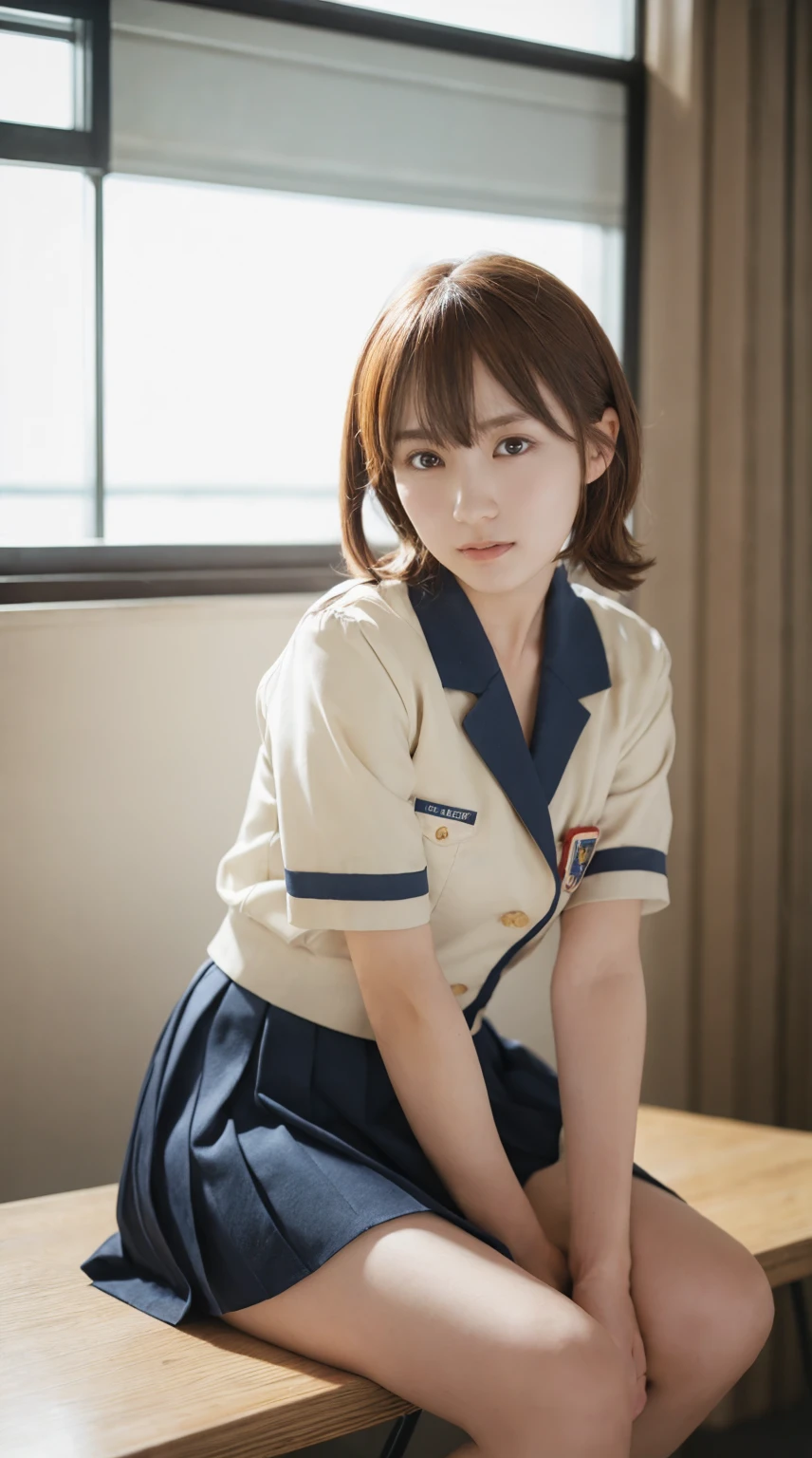 (masterpiece, Best Quality, Best Quality, Official Art, beautifully、aesthetic:1.2), (Realistic,RAW Photos, Best Quality),(One girl), (Misaka Mikoto Cosplay:1.2)、Clear images、Best Quality、8k、Brown Hair、Asymmetrical Very Short Hair、hairpin、Tokiwadai Junior High School short sleeve uniform、School、Arms crossed、mini skirt,jacket, Loose socks、Sit together&#39;knees,(hugging own legs:1.4),panties,Her skirt is rolling up,常盤台中School,Squat,