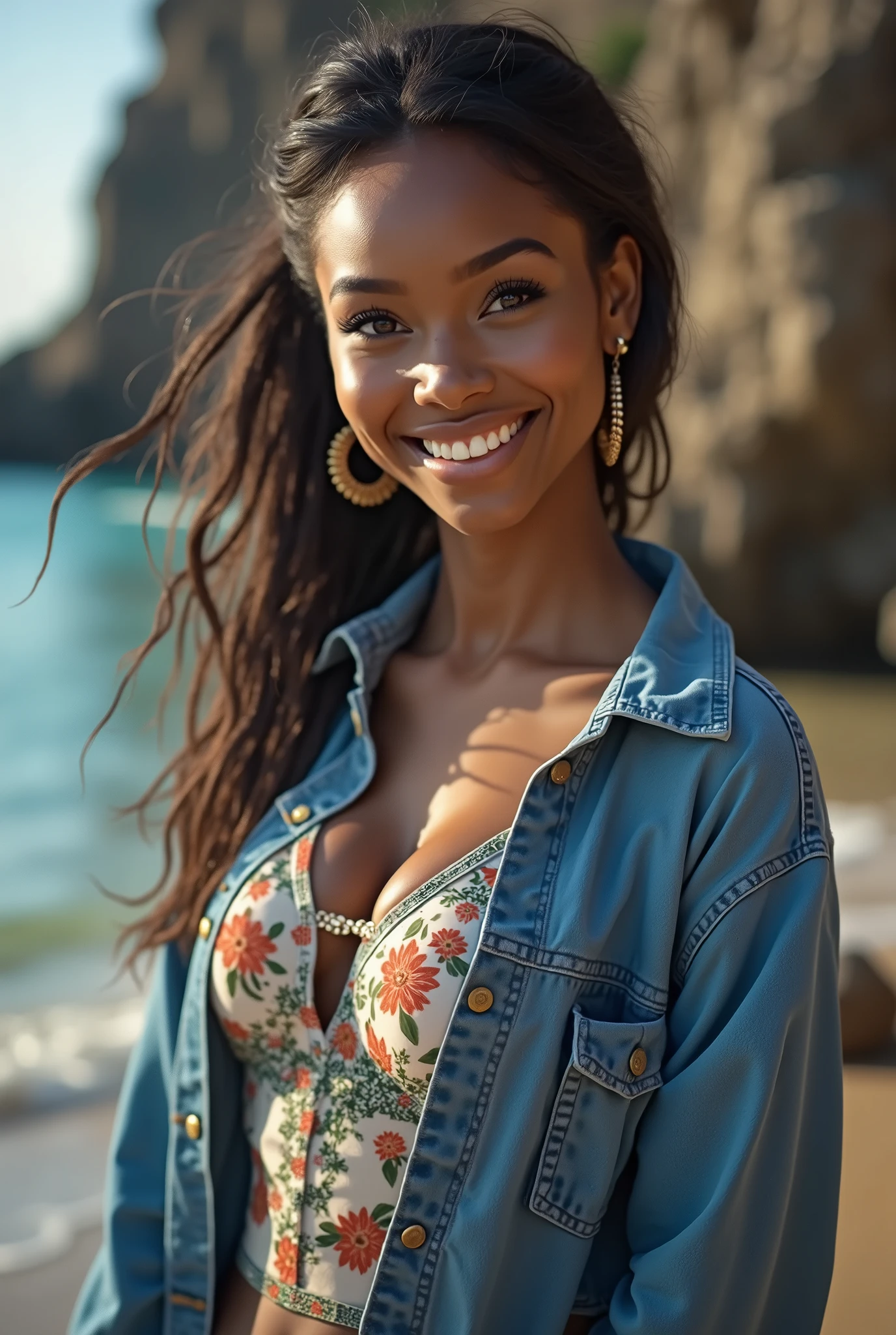 (photorealism: 1.2), hot sexy black girl in sexy dynamic pose. raw portrait photography, hyper realistic and detailed face, complex and realistic skin texture, hot body with loose sweater, athletic body, smiling, by the sea, on the harbor quay, long black hair with braid, brazilian, with sunset, relaxed pose, realistic, complex details, warm colors