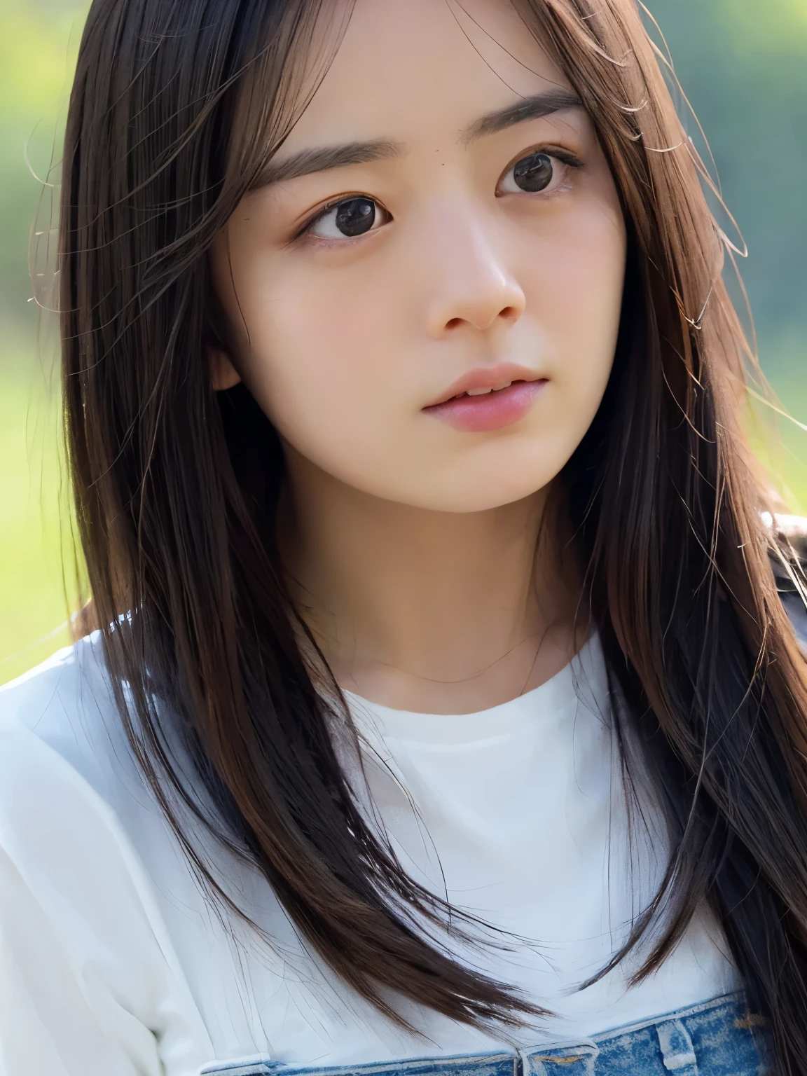 Create a high-quality, hyper-realistic illustration of a young Japanese woman with long, straight black hair. The woman should have an air of quiet melancholy, with a shadow of sadness or introspection on her face, hinting at deep, complex emotions. She represents a university friend, someone with whom there is a deep mutual affection. Her dark, expressive eyes should convey a sense of both love and emotional conflict. The overall tone of the image should be intimate and reflective, capturing the essence of a meaningful relationship filled with unspoken emotions. The background should be softly blurred, perhaps suggesting an outdoor or university campus setting in the distance, allowing the focus to remain on her contemplative expression and her flowing black hair. Use soft, natural lighting to enhance the mood, creating an atmosphere of nostalgia and quiet affection.