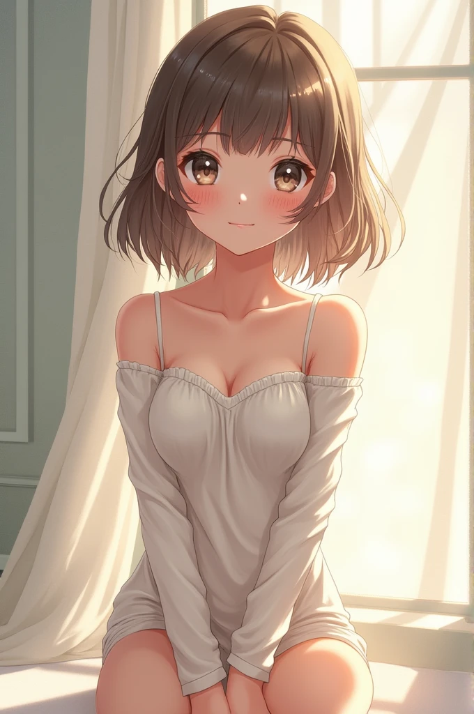 (masterpiece, best quality), 1girl, Rose Brown Tousled Bob, Size E breasts, <lora:girllikecampingtent:1> camping tent, open door curtain, pillow hug, frills chiffon pajamas, night