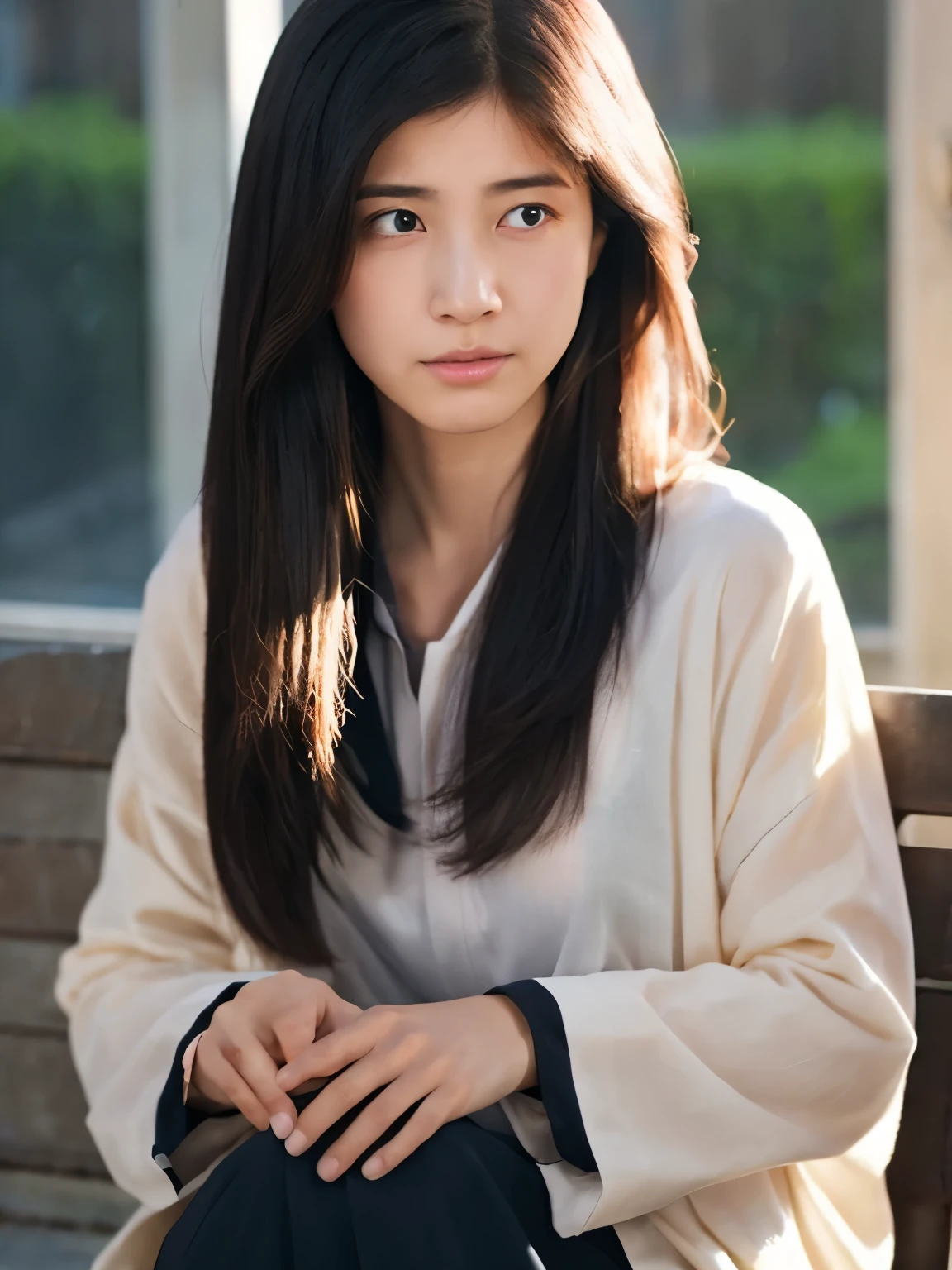 Create a high-quality, hyper-realistic illustration of a young Japanese woman with long, straight black hair. The woman should have an air of quiet melancholy, with a shadow of sadness or introspection on her face, hinting at deep, complex emotions. She represents a university friend, someone with whom there is a deep mutual affection. Her dark, expressive eyes should convey a sense of both love and emotional conflict. The overall tone of the image should be intimate and reflective, capturing the essence of a meaningful relationship filled with unspoken emotions. The background should be softly blurred, perhaps suggesting an outdoor or university campus setting in the distance, allowing the focus to remain on her contemplative expression and her flowing black hair. Use soft, natural lighting to enhance the mood, creating an atmosphere of nostalgia and quiet affection.