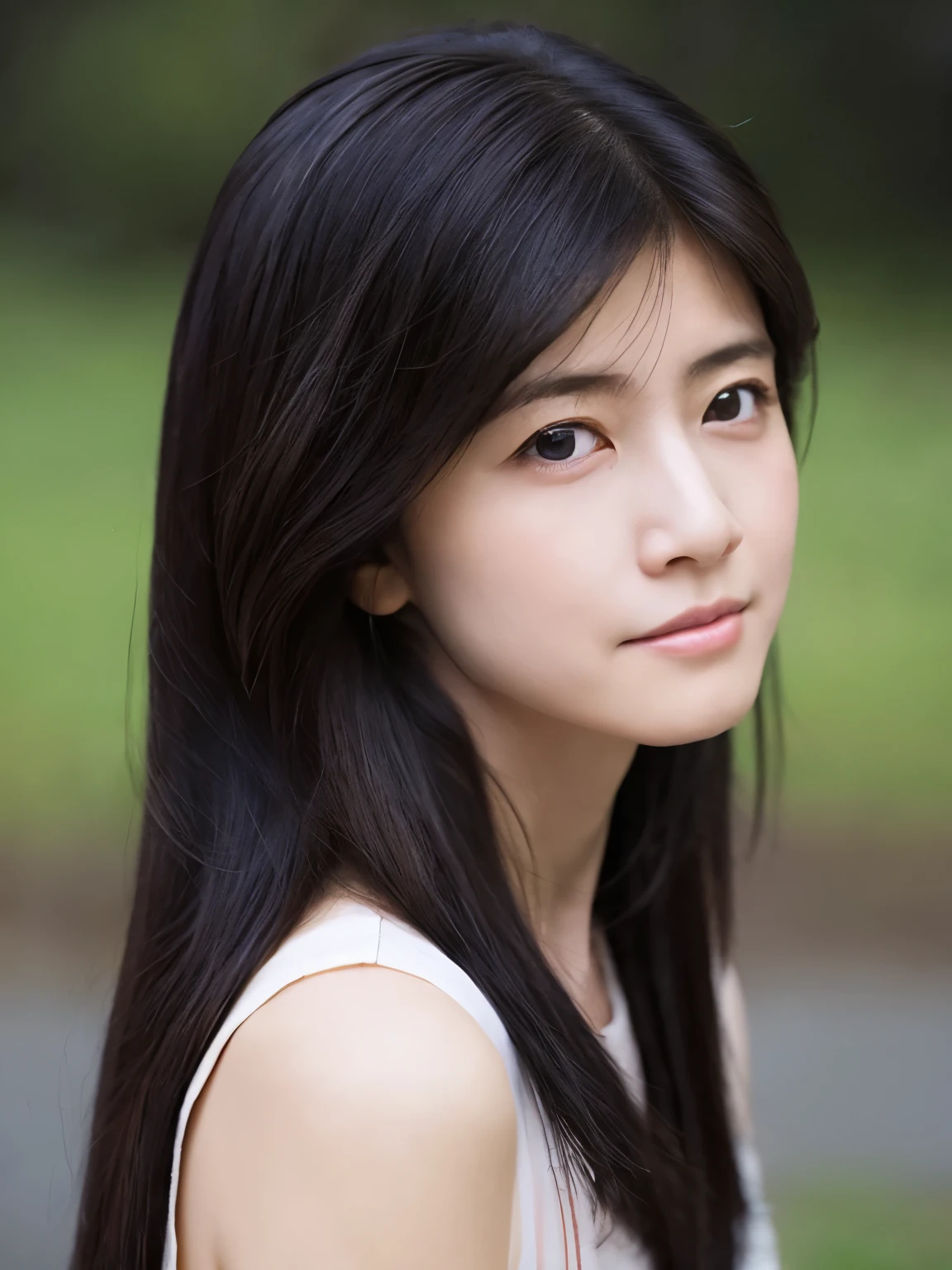 Create a high-quality, hyper-realistic illustration of a young Japanese woman with long, straight black hair. The woman should have an air of quiet melancholy, with a shadow of sadness or introspection on her face, hinting at deep, complex emotions. She represents a university friend, someone with whom there is a deep mutual affection. Her dark, expressive eyes should convey a sense of both love and emotional conflict. The overall tone of the image should be intimate and reflective, capturing the essence of a meaningful relationship filled with unspoken emotions. The background should be softly blurred, perhaps suggesting an outdoor or university campus setting in the distance, allowing the focus to remain on her contemplative expression and her flowing black hair. Use soft, natural lighting to enhance the mood, creating an atmosphere of nostalgia and quiet affection.