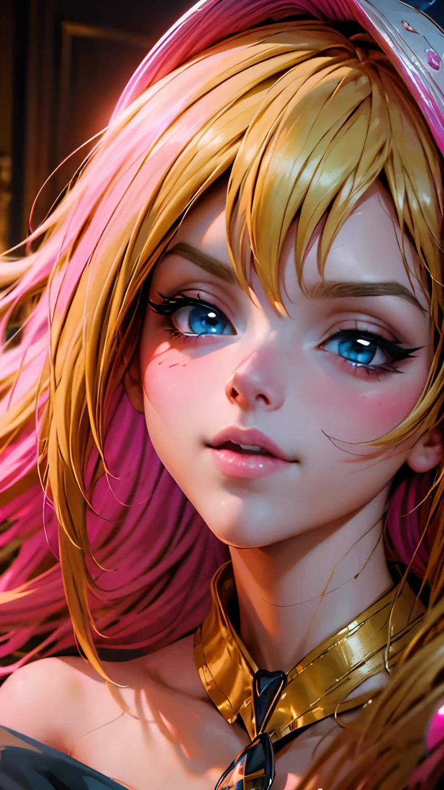 Close-up of the beautiful face of the dark wizard Gils. Extra long eyelashes. crystal blue eyes. brio in the eyes. pink lips. long blonde hair. exposed shoulders, angelic smile, beautiful well detailed face of the dark wizards gils. She is flirtatious with the viewer.. Long and big eyelashes. Half body focus.