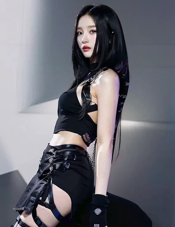 arafed asian woman in black dress posing for a picture, jisoo from blackpink, jisoo of blackpink, blackpink jennie, jossi of blackpink, jia, kda, roseanne park of blackpink, cruel korean goth girl, aesthetic!!!!!! female genie, full body xianxia, sha xi, korean idol, all black cyberpunk clothes, wearing black , cute natural anime face, kawaii realistic portrait, Físico : el abdomen más pequeño jamás visto, jisoo from blackpink, popular south korean makeup, quality detailed ,(beautiful makeup :1.2), Wide hips, big, big ass, (best quality, 8K, masterpiece: 1.3), Clear focus: 1.2, Perfect body beauty: 1.4, strong abs, Very detailed face and skin texture. , detailed eyes, double eyelids, (long hair), having very marked curves, with greater volume in ((breasts))