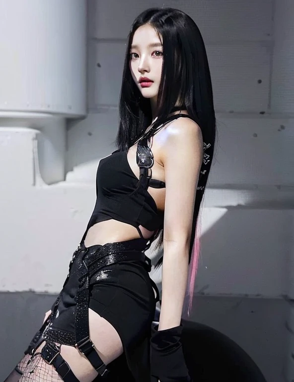 arafed asian woman in black dress posing for a picture, jisoo from blackpink, jisoo of blackpink, blackpink jennie, jossi of blackpink, jia, kda, roseanne park of blackpink, cruel korean goth girl, aesthetic!!!!!! female genie, full body xianxia, sha xi, korean idol, all black cyberpunk clothes, wearing black , cute natural anime face, kawaii realistic portrait, Físico : el abdomen más pequeño jamás visto, jisoo from blackpink, popular south korean makeup, quality detailed ,(beautiful makeup :1.2), Wide hips, big, big ass, (best quality, 8K, masterpiece: 1.3), Clear focus: 1.2, Perfect body beauty: 1.4, strong abs, Very detailed face and skin texture. , detailed eyes, double eyelids, (long hair), having very marked curves, with greater volume in ((breasts))