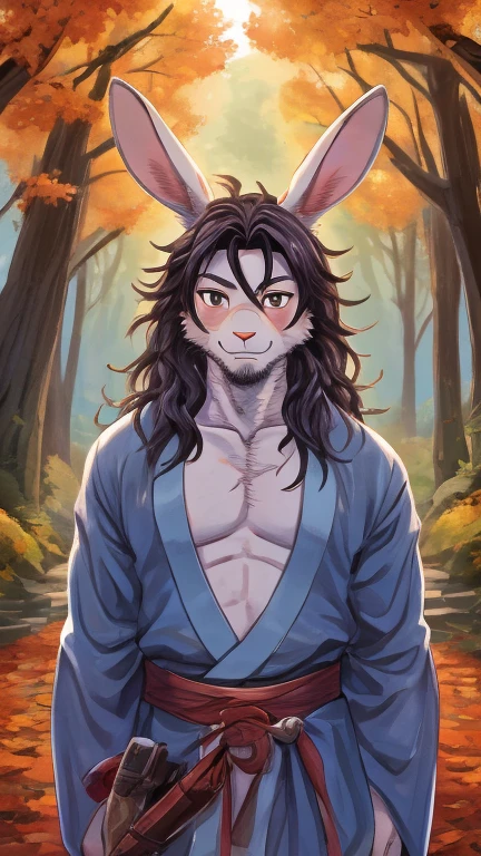 (male, solo, rabbit), highly insanely detailed, masterpiece, top quality, best quality, highres, 4k, 8k, RAW photo),((innocent look)),((Childish)),From the front, symmetrical composition,smile,cute,Innocent,Kind eyes,Flat chest,digital art Style, forest, autumn, (musashi miyamoto),front view, kimono,scar,long hair