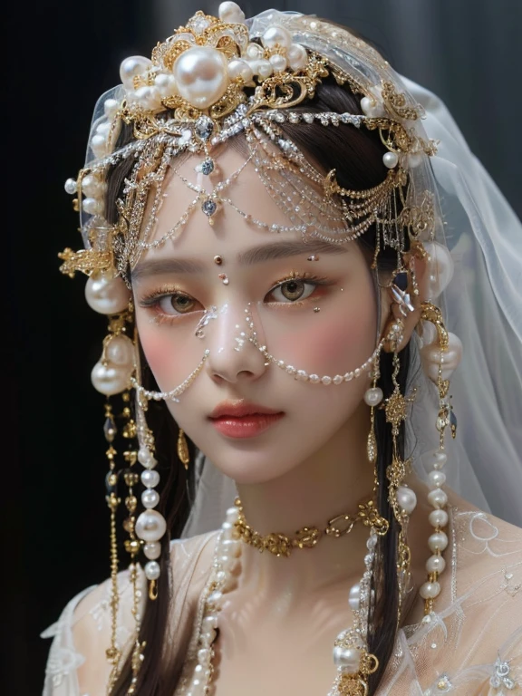 a close up of a woman wearing a veil and pearls and golden eyes, veils and jewels, pearls and chains, forehead jewelry, jeweled veil, inspired by Konstantin Vasilyev, alexander mcqueen haute couture, elaborate ornate head piece, headpiece, porcelain pale skin, inspired by Jean Jouvenet, ornate headpiece, rococo cyberpunk, incredibly ethereal, jewelry pearls