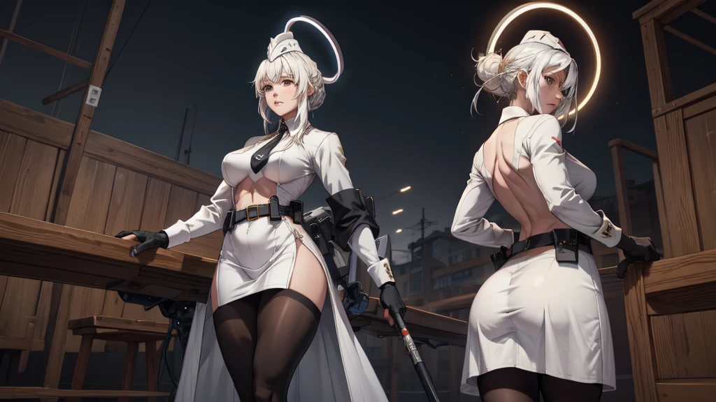 (masterpiece, 4K, Detailed, complex, Practical),livempyrea, Mechanical Halo, Boat hat, White hair, Hairband, Side lock, Gray eyes, Weaving, Collared dress, White Dress, Long skirt, Short tie, Long sleeve, White sleeves, Black armband, Black gloves, Mechanical Wing, Low Wing, Black Belt, Black pantyhose ，Abdominal muscles，Bare belly，Muscular women，Thick thighs，Huge ass