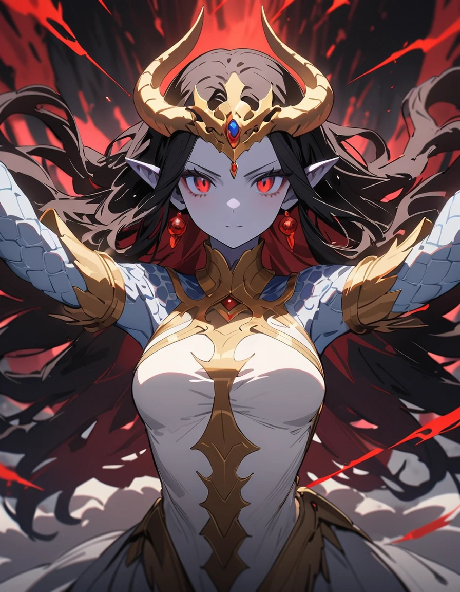 allure: Sylthra is a warrior lamia, a majestic figure whose imposing presence is announced by the scarlet glow of his scales. Com uma estatura impressionante de quase 2 metros, She rises elegantly, its long tail snaking across the ground. Suas escamas, de um vermelho intenso, capturam a luz de maneira hipnotizante, creating an undulating pattern as she moves. hypnotic eyes: Sylthra's eyes are vertical slits of intense golden yellow., hypnotic and penetrating. Her gaze reveals a sharp intelligence and the determination of a warrior who knows the strength that resides in her serpentine veins.. Cabelos de Fogo: Sylthra ostenta uma cabeleira flamejante, uma cascata de cabelos que parece feita de chamas douradas. Quando ela se move, your hair dances in the air as if fueled by fire itself. Armamento Lamia: Vestida para a batalha, Sylthra usa uma armadura de escamas meticulosamente ajustada para permitir sua agilidade. Adornos de ouro e pedras preciosas destacam-se contra o vermelho ardente de suas escamas. in her hands, she wields two curved blades, afiadas como presas de serpente, that cut with deadly precision. Cauda Serpenteante: Sylthra's tail is long and muscular, terminando em uma ponta bifurcada. Golden tribal markings are visible along its length, each telling a story of victories in past battles. She controls her tail with grace and dexterity, transforming it into a weapon as deadly as your blades. Tatuagens de Guerra: Marcando seu corpo, Sylthra exibe tatuagens de guerra que destacam suas conquistas. The tattoos are intricate and cover part of his scales., a visual expression of her story as a warrior. Voz Sibilante: Quando Sylthra fala, your voice is a hissing melody, soft and at the same time threatening. Your words are chosen carefully, ecoando como uma serpente que se prepara para dar o bote. Strategic Nature: Como guerreira, Sylthra is cunning