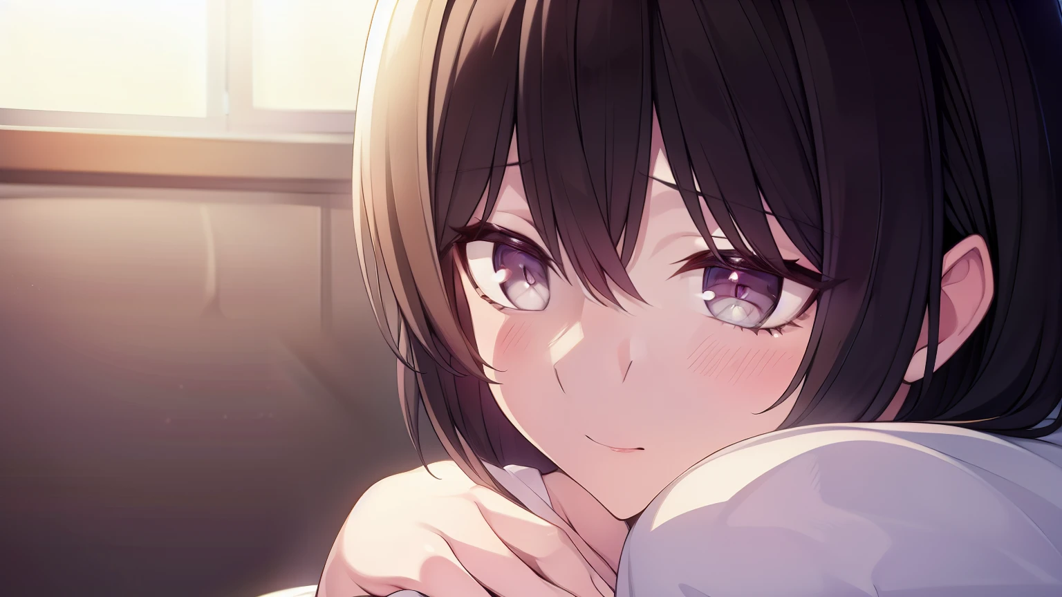 1female, akiyama_mina, dark black hair, magenta eye color, droopy eyes, a mole below the right eye, medium breast, mature, laying on bed, sensual, desire, horny, sexy thighs, BREAK formal attire, BREAK looking away, from above, BREAK bedroom, BREAK (masterpiece:1.2), best quality, high resolution, unity 8k wallpaper, (illustration:0.8), (beautiful detailed eyes:1.6), extremely detailed face, perfect lighting, extremely detailed CG, (perfect hands, perfect anatomy),